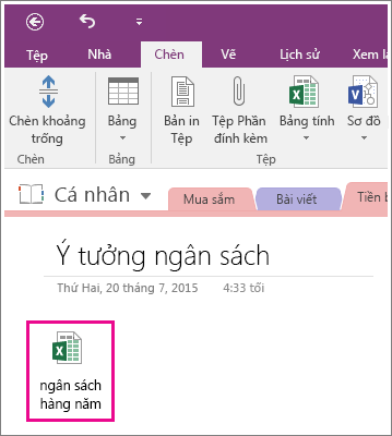 Ảnh chụp màn hình của bảng tính đính kèm trong OneNote 2016.