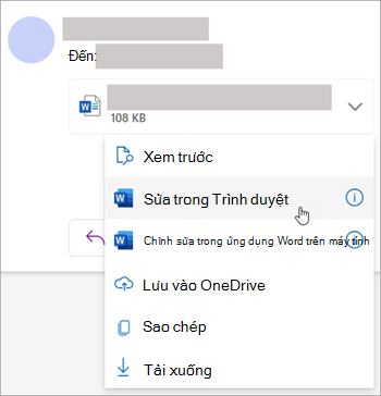 Ảnh chụp màn hình hiển thị danh sách thả xuống tệp đính kèm với Chỉnh sửa trong trình duyệt được chọn