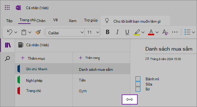 Ảnh chụp màn hình hướng dẫn cách đổi kích cỡ ngăn dẫn hướng OneNote