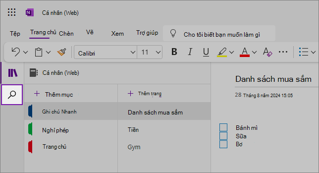 Dạng xem giao diện người dùng OneNote trên web hiển thị khu vực nội dung