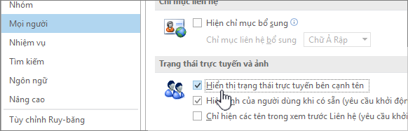 Con người trong hộp thoại Tùy chọn với Hiển thị trạng thái trực tuyến được tô sáng