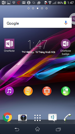 Ảnh chụp màn hình cho màn hình chính Android với huy hiệu OneNote.