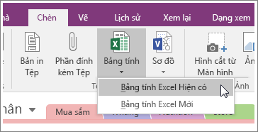 Ảnh chụp màn hình của nút Chèn Bảng tính trong OneNote 2016.