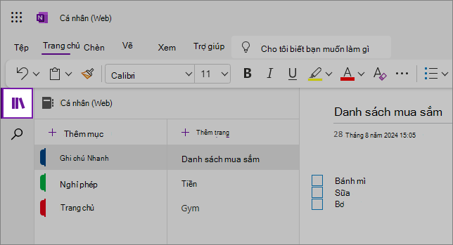 Dạng xem giao diện người dùng OneNote trên web hiển thị khu vực nội dung