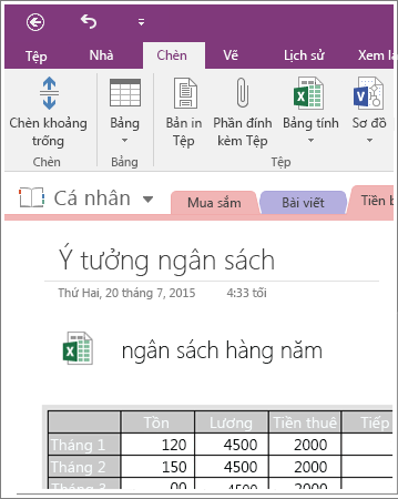 Ảnh chụp màn hình của bảng tính nhúng trong OneNote 2016.