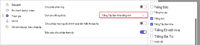 Tùy chọn cuộc họp hiển thị cách thêm ngôn ngữ cho phụ đề được dịch trực tiếp trong sự kiện.