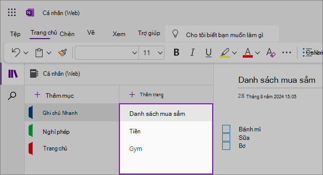 Dạng xem giao diện người dùng OneNote trên web hiển thị khu vực nội dung