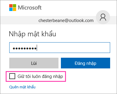 Ảnh chụp màn hình hộp kiểm Duy trì đăng nhập cho tôi trên trang đăng nhập Outlook.com