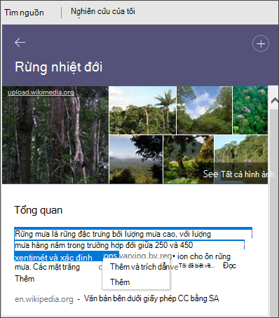 Trình nghiên cứu Xem tất cả hình ảnh, thêm văn bản hoặc thêm và trích dẫn văn bản