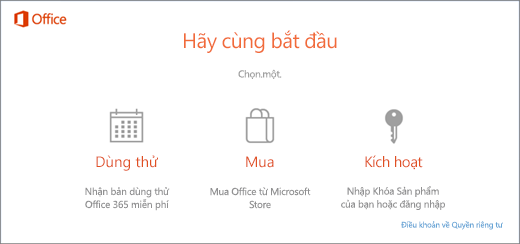 Ảnh chụp màn hình hiển thị các tùy chọn dùng thử, mua hoặc kích hoạt mặc định cho một PC đã cài sẵn Office.