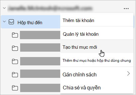 Ảnh chụp màn hình mục Tạo thư mục mới được chọn trong menu Xem thêm tùy chọn trên ngăn thư mục