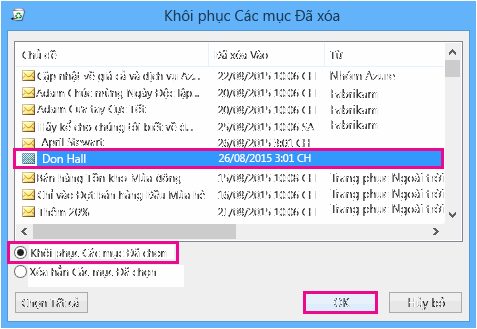 Chọn liên hệ cần khôi phục và bấm OK