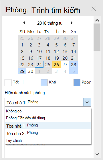 Sử dụng Trình tìm Phòng để xem các phòng hội thảo sẵn dùng cho cuộc họp của bạn.