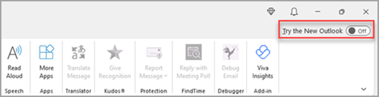 Hình ảnh hiển thị nút bật tắt Dùng thử Outlook Mới ở góc trên bên phải.
