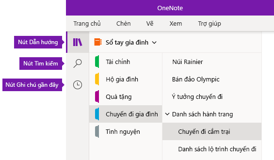 Thanh dẫn hướng trong OneNote cho Windows 10