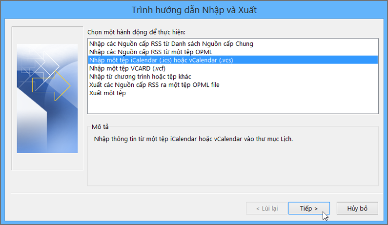 Chọn Nhập tệp iCalendar hoặc vCalendar.