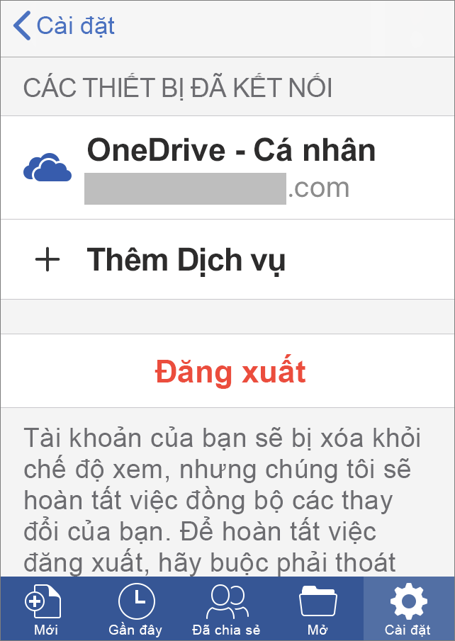 Hiển thị tùy chọn đăng xuất trong Office for iOS