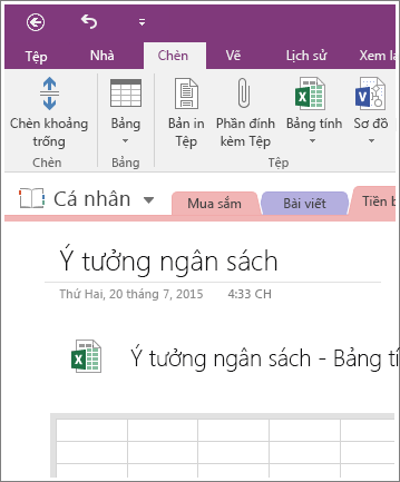 Ảnh chụp màn hình của bảng tính mới trong OneNote 2016.