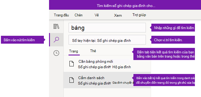 Tùy chọn ngăn tìm kiếm trong OneNote cho Windows 10