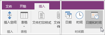 OneNote 2016 中的“日期和时间”按钮的屏幕截图。