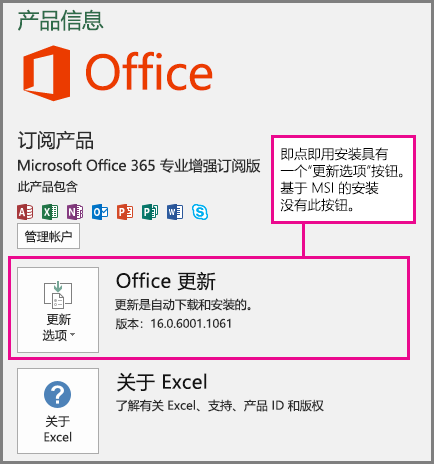 即点即用安装在“帐户”页面上有一个“更新选项”按钮。 基于 MSI 的安装没有此按钮。