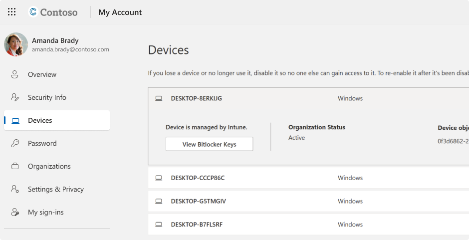 工作或学校帐户的 BitLocker 恢复密钥的屏幕截图。