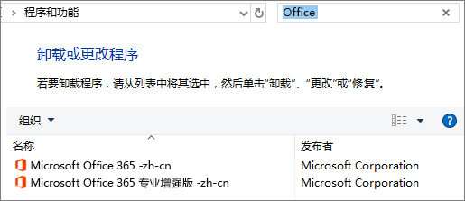 在控制面板中显示已安装的两个 Office 副本