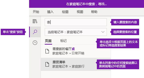 OneNote for Windows 10 中的搜索窗格选项