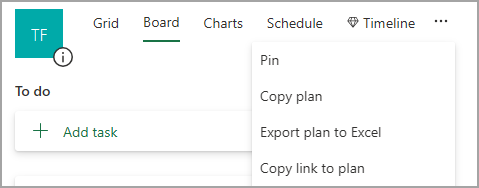 顯示已展開 [其他] 列表的 Planner 頁面。 清單中包含「複製計劃連結」。