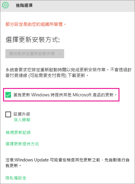 Windows Update 進階選項