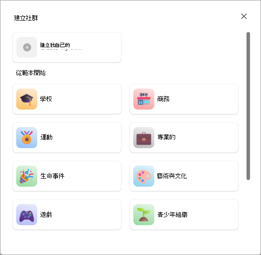 在社群中使用或不含 Microsoft Teams (免費版) 中範本建立社群的按鈕螢幕快照。