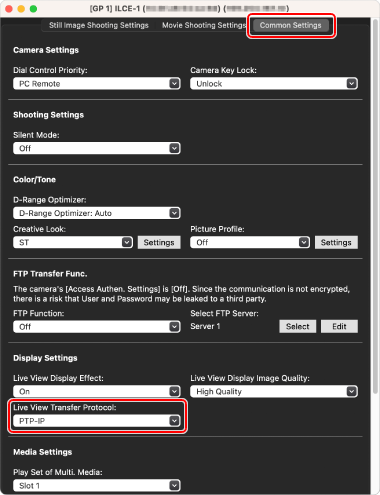 Common Settings in Function window. The Live View Transfer Protocol item is highlighted.