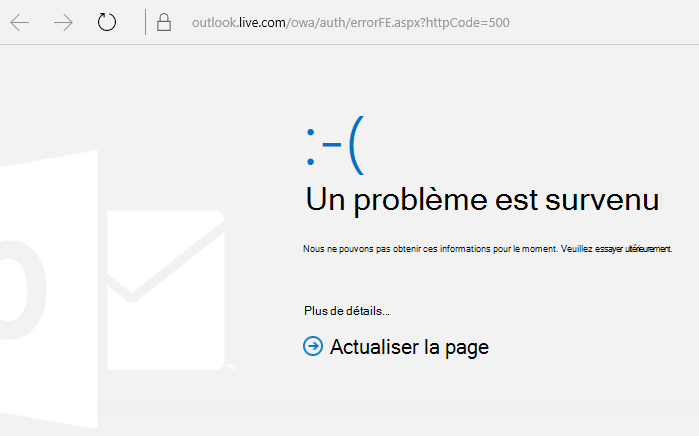 Message d’erreur 500 « Un problème est survenu » dans Outlook.com