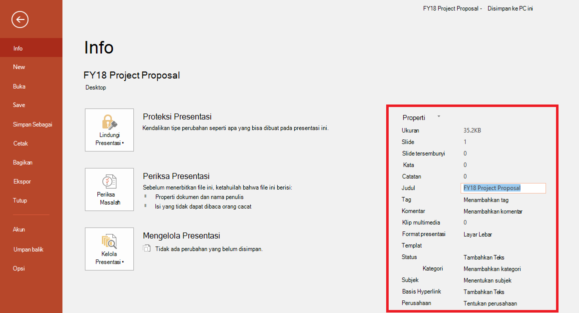 Properti Dokumen Office - File > Panel Info