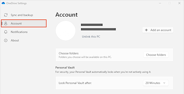 Cuplikan layar memperlihatkan tab Akun di pengaturan OneDrive.