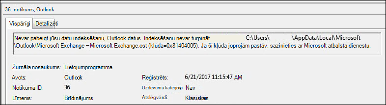 Notikumu žurnāla brīdinājums Outlook