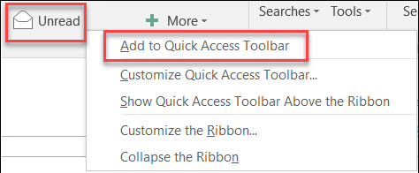 Outlook pievienošana ātrās piekļuves rīkjoslai