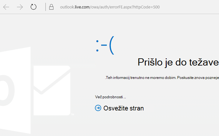 Koda napake 500 »Prišlo je do neznane napake« na spletnem mestu Outlook.com