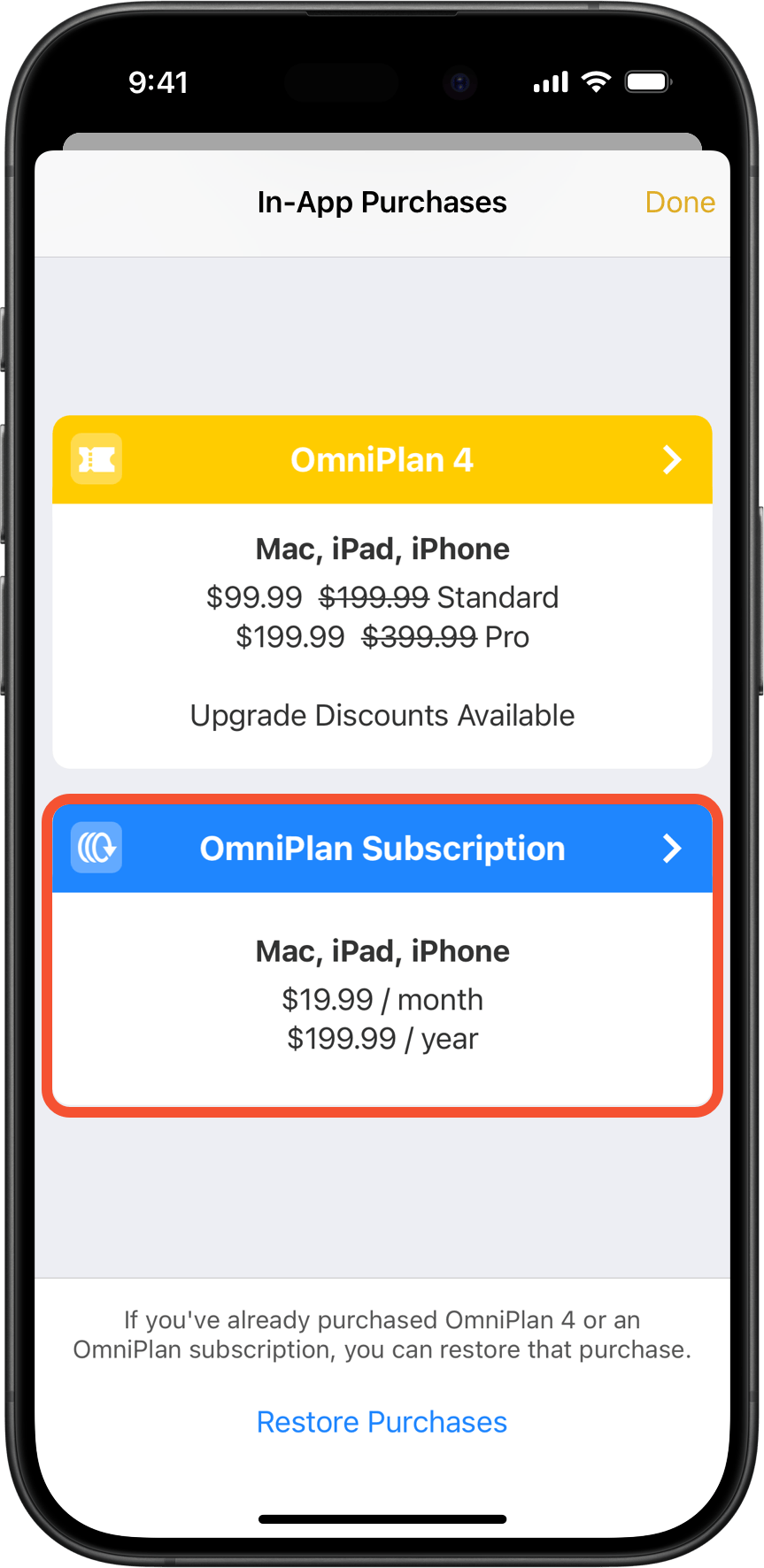 Example In-App Purchases screen