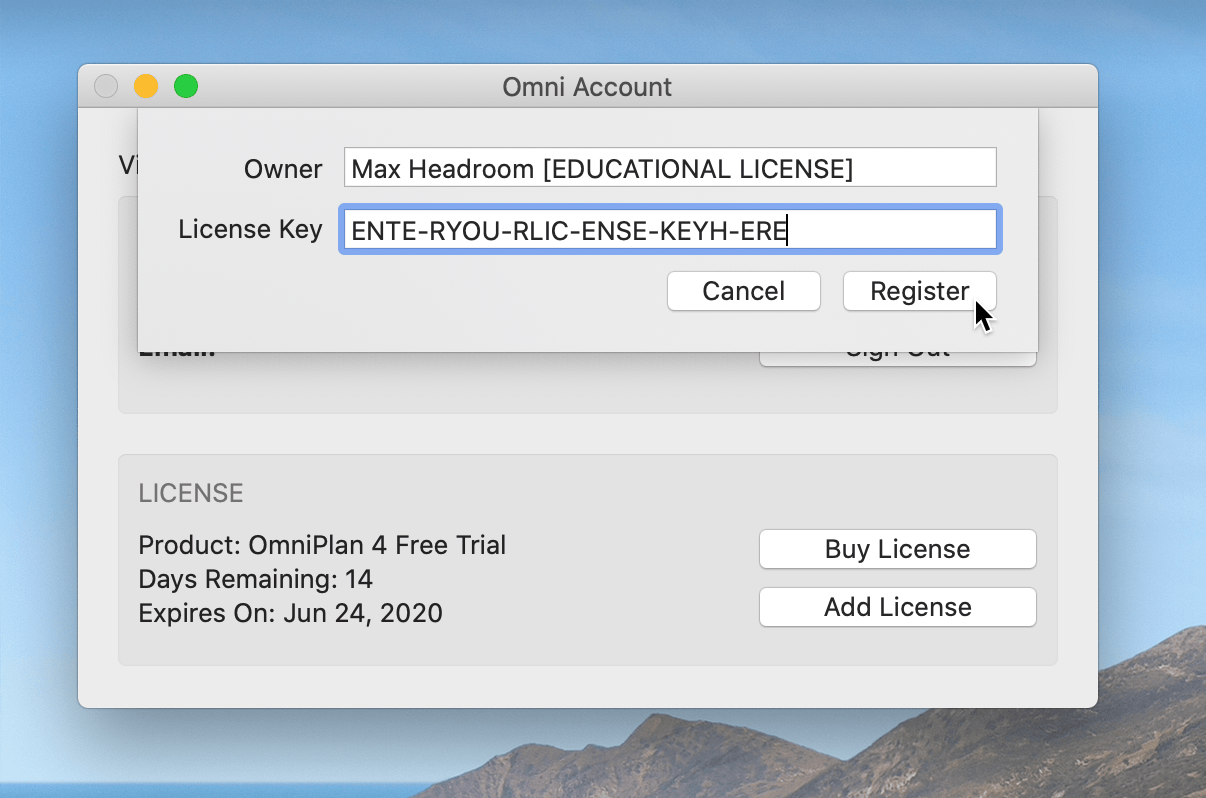 The Add License pop-over, with Owner and License Key fields, with options to Cancel or Register. A license code has been entered, and the cursor overs over the Register button.