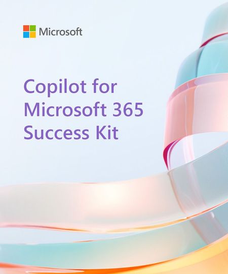 An image with the Microsoft logo and the words Copilot for Microsoft 365 Success Kit on a colorful background.