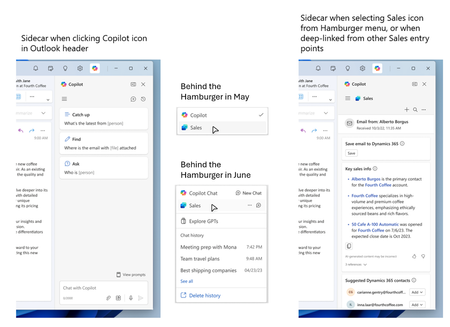 Screenshots showing sidecar unification in Outlook