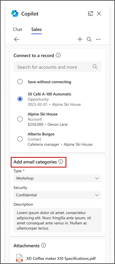 Screenshot showing the Add email categories option in Copilot for Sales.