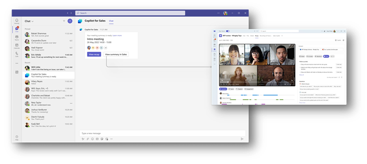 Screenshot of Teams showing the meeting summary ready notification and the sales meeting summary opened by selecting the View summary in Sales button.