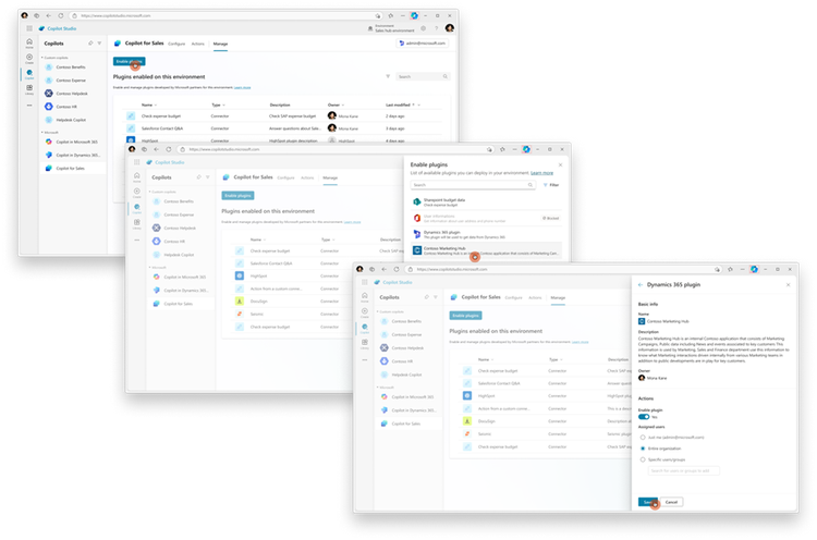 Three overlapping screenshots showing the process flow for a Copilot for Sales Administrator to enable plugins in Copilot Studio.