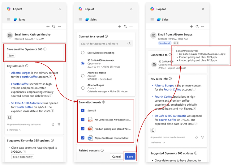 Screenshot showing the user experience for saving selected attachments when saving an email to the CRM.