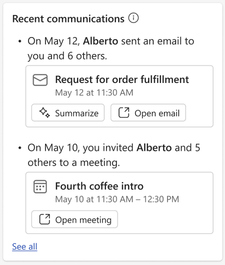 Screenshot of the Recent communications card.