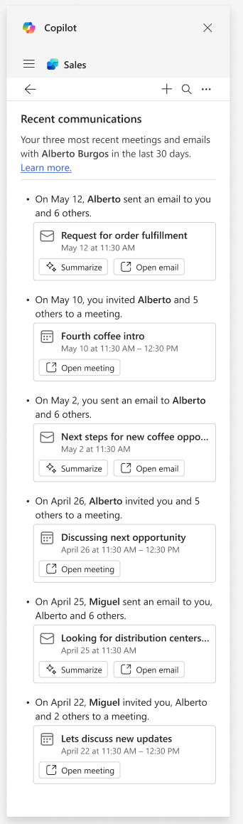 Recent communications, with up to 3 most recent email threads and Teams meetings in the last 30 days shown when selecting “See all.”