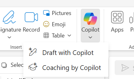 An image of Draft with Copilot option in the Copilot dropdown menu on the toolbar of a new email