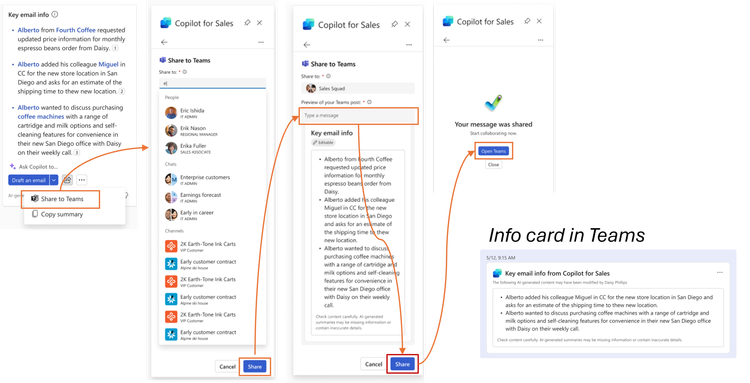 Example of user flow for sharing key email info to Teams using Copilot for Sales